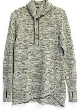 Akini Cowl Neck Sweater Crossover Hem Thumbhole Cuffs Heather Grey Size L